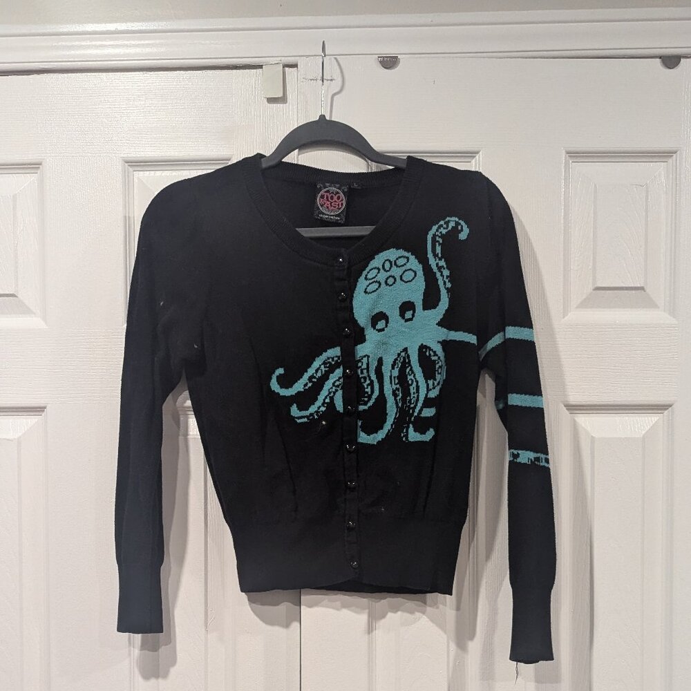 Too Fast cardigan with octopus black and teal size large